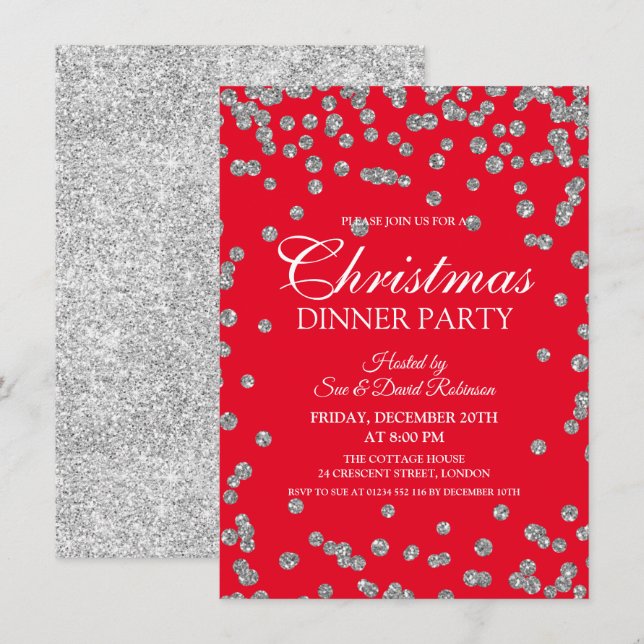 Invitation Parties scintillant d'argent Confetti Noël Rouge (Devant / Derrière)
