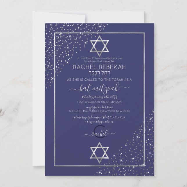 Invitation Parties scintillant d'argent de la marine Confetti (Devant)