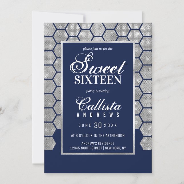 Invitation Parties scintillant d'argent de la marine moderne  (Devant)