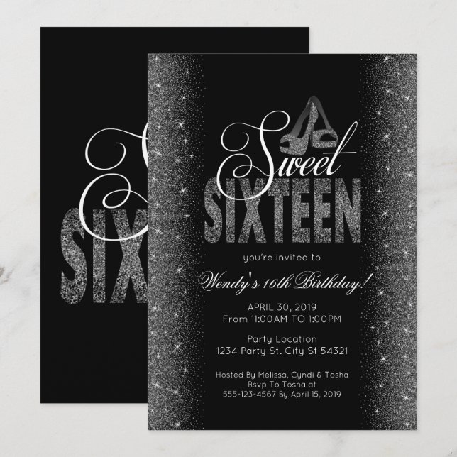 Invitation Parties scintillant d'argent en grève Sweet 16 inv (Devant / Derrière)