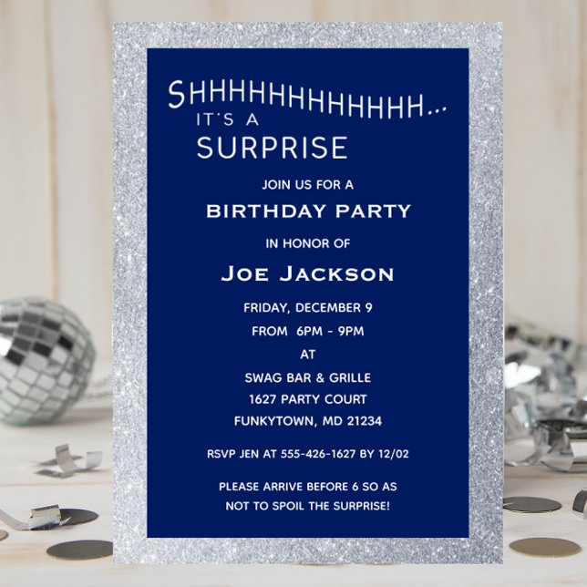 Invitation Parties scintillant d'argent et de la marine Fête  (Créateur téléchargé)