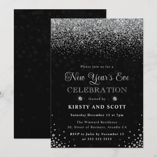 Invitation Parties scintillant d'argent et diamants Nouvel An (Devant / Derrière)