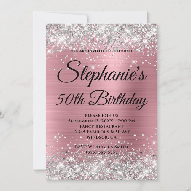 Invitation Parties scintillant d'argent et huile rose Fancy M (Devant)