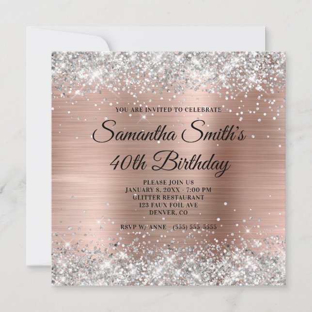 Invitation Parties scintillant d'argent et Rose Gold Foil 40e (Devant)