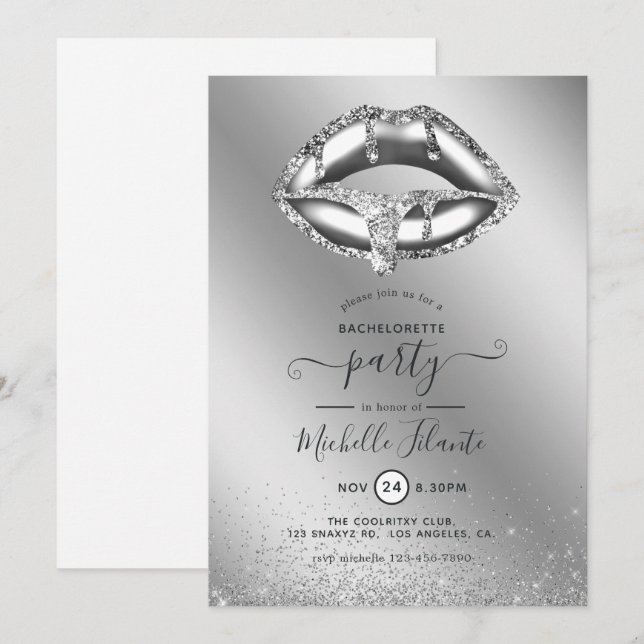 Invitation Parties scintillant d'argent Faux Bachelorette (Devant / Derrière)
