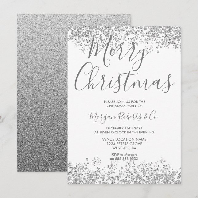 Invitation Parties scintillant d'argent Fête de Noël d'entrep (Devant / Derrière)