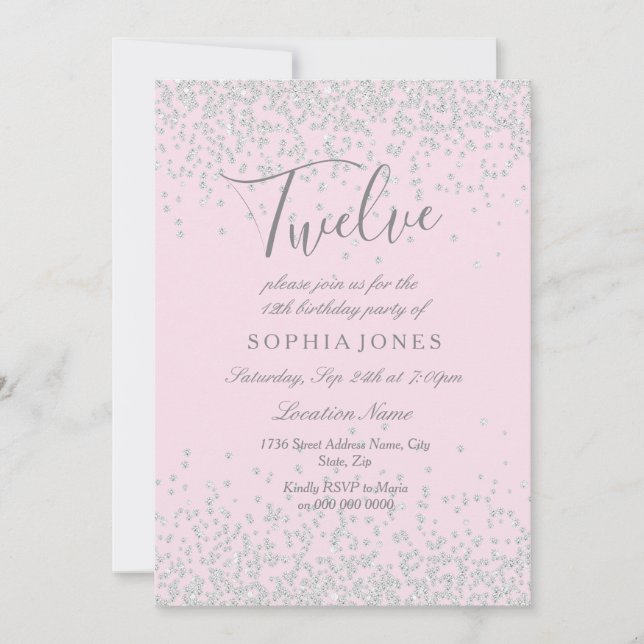Invitation Parties scintillant d'argent Filles roses 12ème an (Devant)