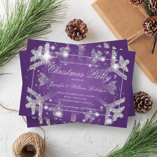 Invitation Parties scintillant d'argent Flocon de neige Xmas  (Silver Glitter Snowflake Xmas Holiday Party Purple Invitation)