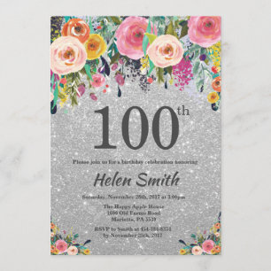 Invitation Parties scintillant d'argent Floral 100e anniversa