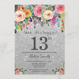 Invitation Parties scintillant d'argent Floral Surprise 13e a
