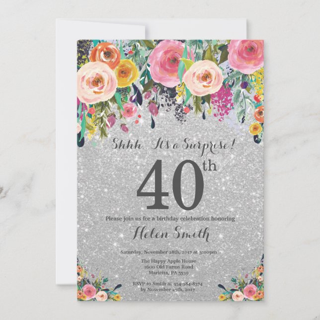 Invitation Parties scintillant d'argent Floral Surprise 40e a (Devant)