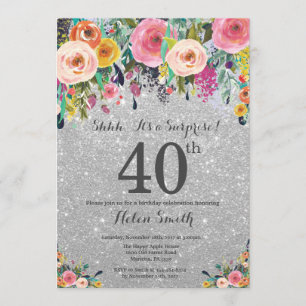 Invitation Parties scintillant d'argent Floral Surprise 40e a