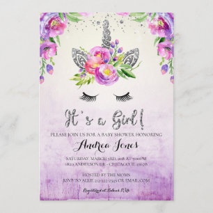 Invitation Parties scintillant d'argent Floral Unicorn Baby s