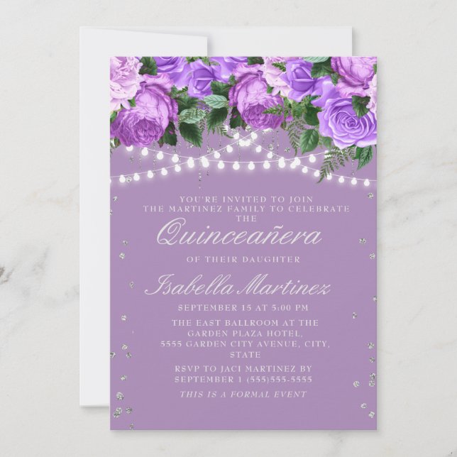 Invitation Parties scintillant d'argent florale pourpre Quinc (Devant)