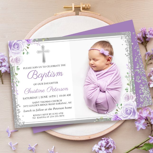 Invitation Parties scintillant d'argent florale violet fille  (Créateur téléchargé)