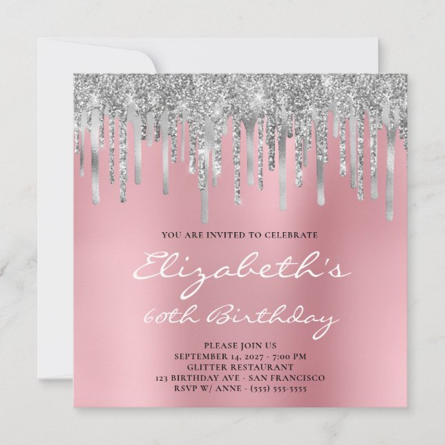 Invitation Parties scintillant d'argent gouttes d'huile rose  (Devant)