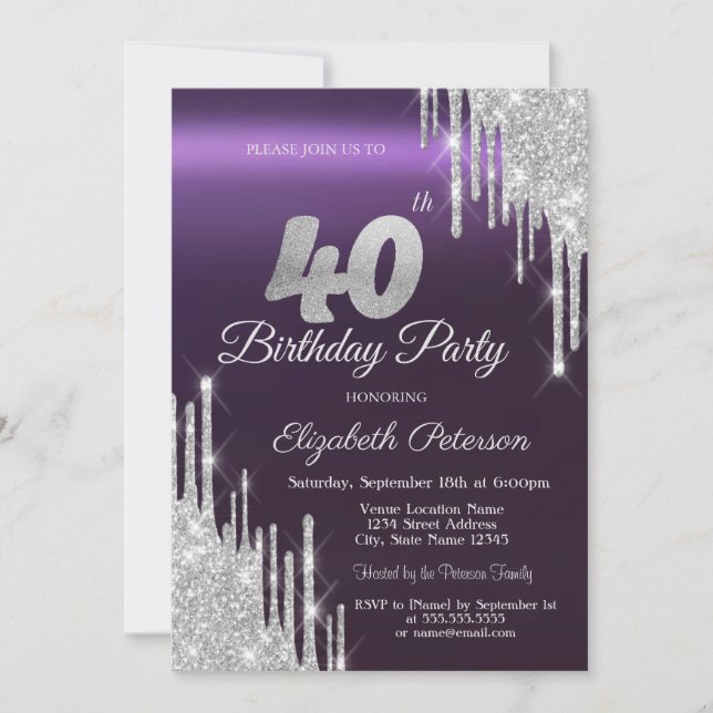 Invitation Parties scintillant d'argent gouttes foncé violet  (Devant)