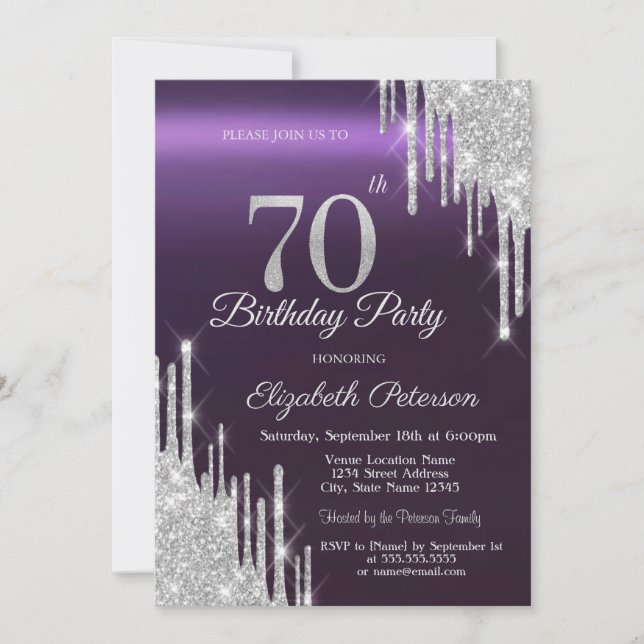 Invitation Parties scintillant d'argent gouttes foncé violet  (Devant)