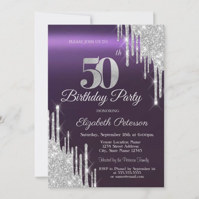 Invitation Parties scintillant d'argent gouttes foncé violet  (Devant)