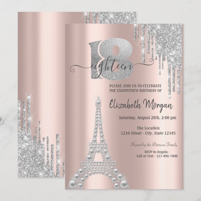 Invitation Parties scintillant d'argent gouttes Tour Eiffel 1 (Devant / Derrière)