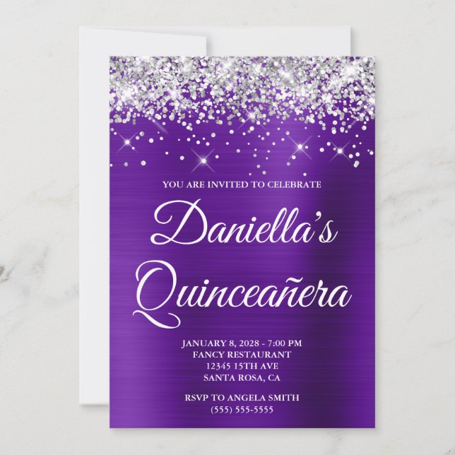 Invitation Parties scintillant d'argent Indigo violet Foil Qu (Devant)