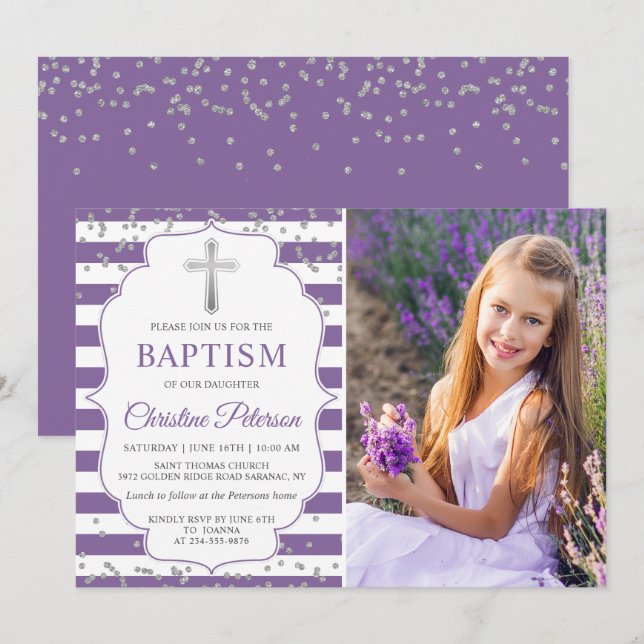 Invitation Parties scintillant d'argent Lavande violet Baptêm (Devant / Derrière)