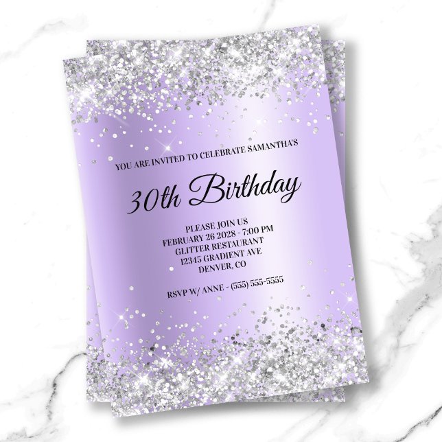 Invitation Parties scintillant d'argent Lavender Satin Foil 3 (Silver Glitter Lavender Satin Foil 30th Birthday Invitation)