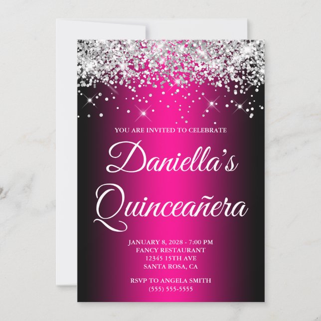 Invitation Parties scintillant d'argent Magenta noir Ombre Qu (Devant)