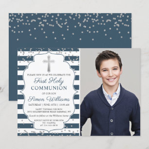 Invitation Parties scintillant d'argent Marine Bleu rayures P