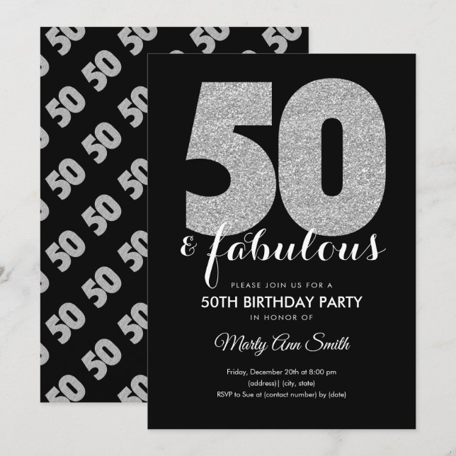 Invitation Parties scintillant d'argent moderne 50 et fête d' (Devant / Derrière)