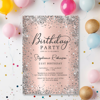 Invitation Parties scintillant d'argent moderne et or Rose 21