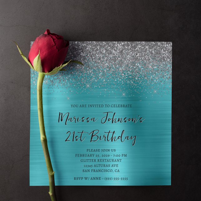 Invitation Parties scintillant d'argent mousseux Aqua Blue 21 (Sparkly Silver Glitter Aqua Blue 21st Birthday Invitation)