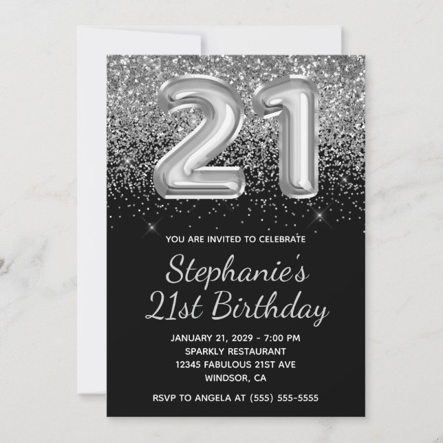 Invitation Parties scintillant d'argent mousseux Black Balloo (Devant)