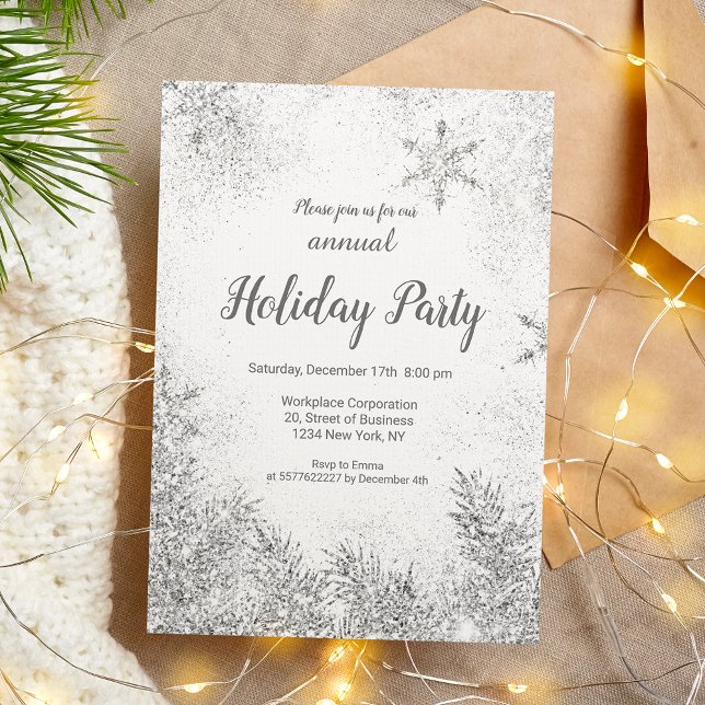 Invitation Parties scintillant d'argent neige Noël entreprise (Silver glitter snow Christmas corporate white Invitation)