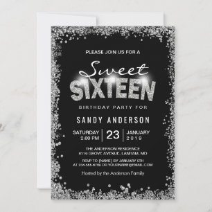 Invitation Parties scintillant d'argent noir Diamond Sweet 16