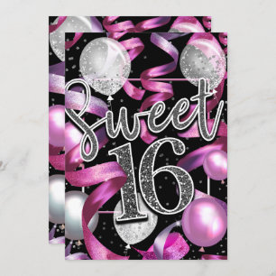 Invitation Parties scintillant d'argent noir rose sucré 16 An