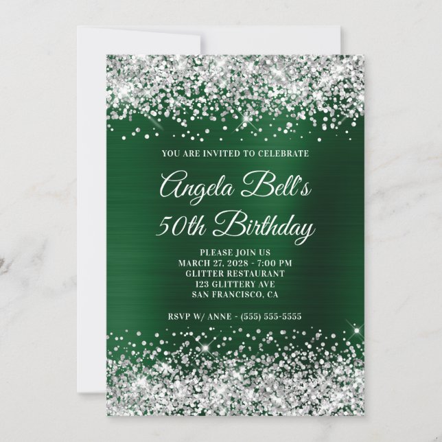 Invitation Parties scintillant d'argent noir vert huile 50e a (Devant)