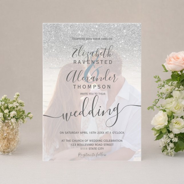 Invitation Parties scintillant d'argent ombre bleu script pho (Silver glitter ombre blue script photo wedding invitation)