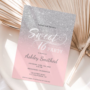 Invitation Parties scintillant d'argent ombre rose typographi