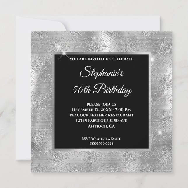 Invitation Parties scintillant d'argent Peacock Feather Glam  (Devant)