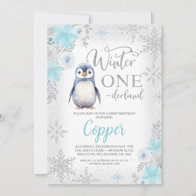 Invitation Parties scintillant d'argent Penguin hiver Onederl (Devant)