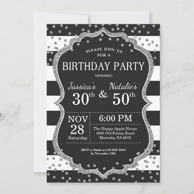 Invitation Parties scintillant d'argent pour la fête d'annive (Devant)