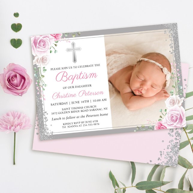 Invitation Parties scintillant d'argent rose floral fille Bap (Créateur téléchargé)