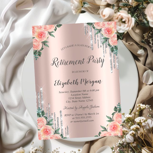 Invitation Parties scintillant d'argent Rose Gold Floral Retr (Créateur téléchargé)