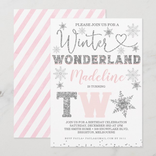 Invitation Parties scintillant d'argent rose hiver Wonderland (Devant / Derrière)