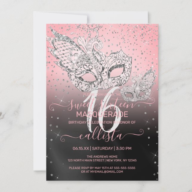 Invitation Parties scintillant d'argent rose noir Masquerade  (Devant)