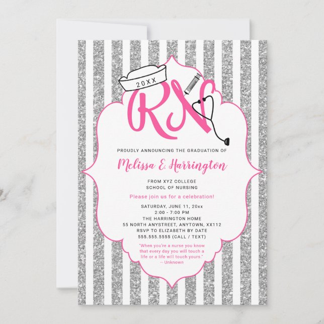Invitation Parties scintillant d'argent rose RN (Devant)