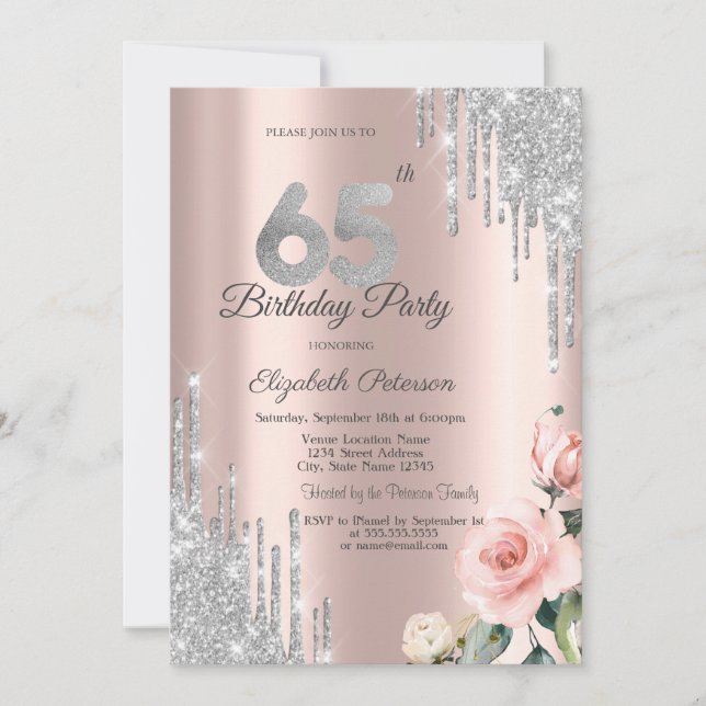 Invitation Parties scintillant d'argent Rose Rose Gold 65e (Devant)