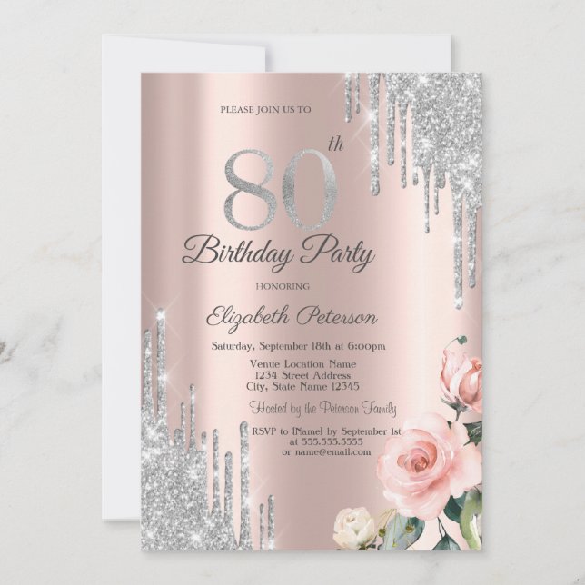Invitation Parties scintillant d'argent Rose Rose Gold 80e (Devant)