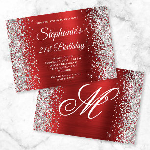 Invitation Parties scintillant d'argent Rouge fantaisie Monog